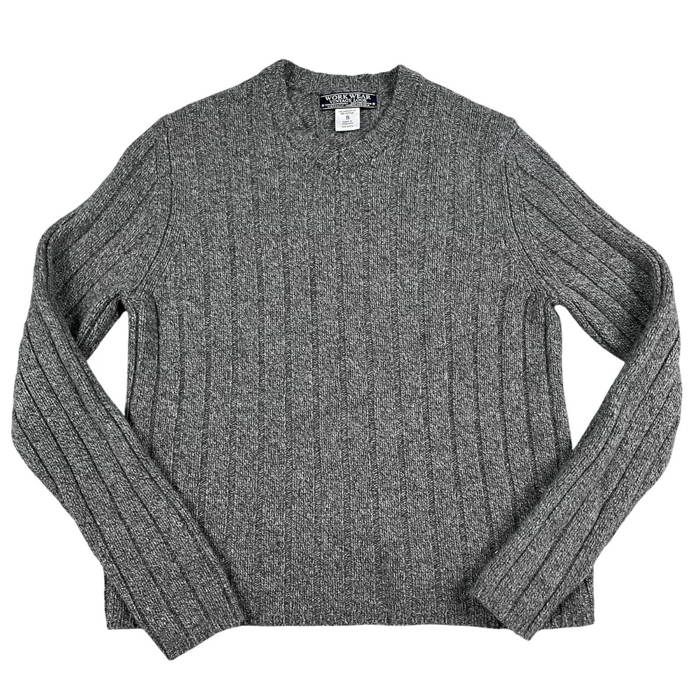 Work Wear Ribbed Sweater Mens Size Small 70% Lambs Wool Grey Long Sleeve